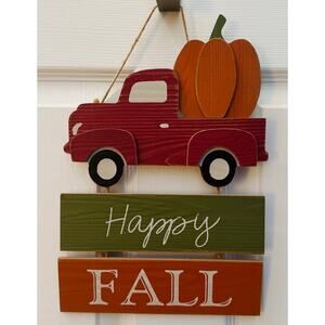 Happy Fall Vintage Red Pickup Truck Giant Pumpkin Wood Wall Art Hanging NEW